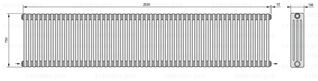 Схема (чертеж) Радиатор Zehnder Charleston 4075/55 №2670 Белый глянцевый RAL 9016